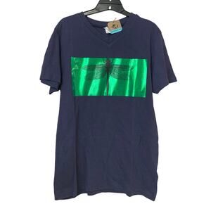 New Upcycled Hand Printed Womens Small Navy Green Dragonfly Short Sleeve Tee